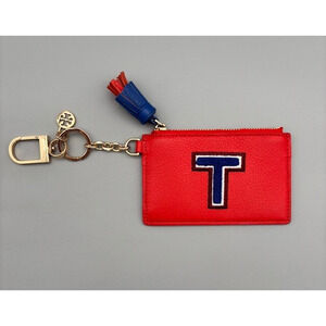 Tory Burch "T" Monogram Orange & Blue Leather Tassel Card Case Key Fob